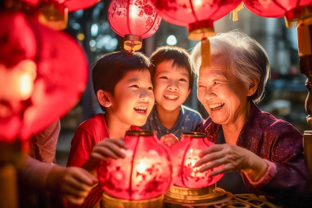 Радостная китайская бабушка и внуки с красными фонарями