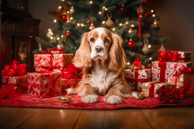 楽しいクリスマスの仲間 幸せなコッカースパニエル犬が自宅でクリスマスを祝い、そのキュートで陽気な態度でお祝いの雰囲気を盛り上げます