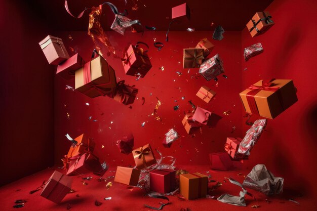 Photo joyful christmas gifts hovering against vibrant red backdrop