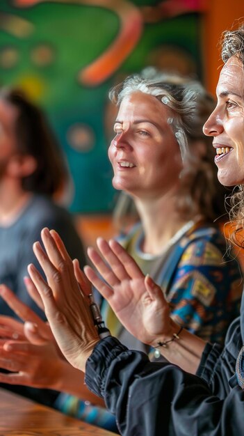 Joyful clapping by women in a vibrant workshop