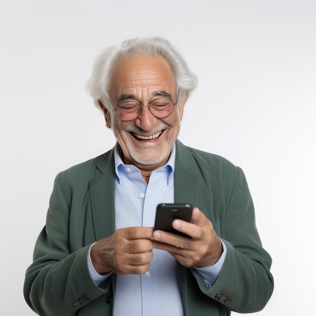 Радостная связь Записывая приятный момент старика на свой телефон