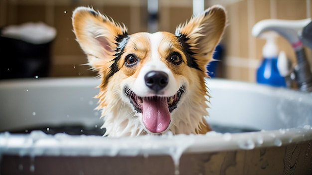 Радостная собака корги наслаждается пенной ванной с высунутым языком и игривым выражением лица