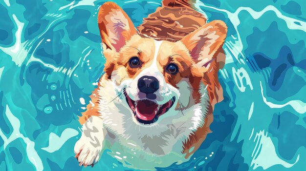 Photo joyful corgi swimming in blue water showing a big smile