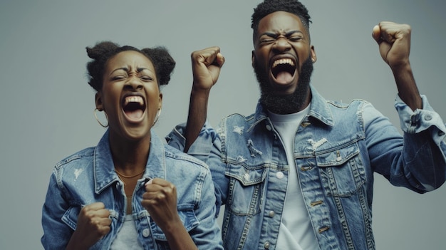 Joyful couple celebrating victory shouting with fists pumped in victory