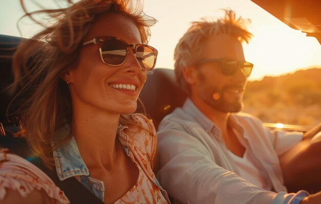 Una coppia gioiosa in una cabriolet che si diverte a guidare al tramonto riflettendo la bellezza delle avventure spensierate