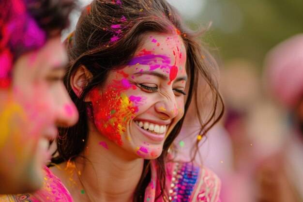 Joyful couple dancing at colorful Holi festival celebration