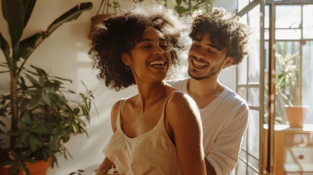 Photo joyful couple dancing and laughing in sunny room