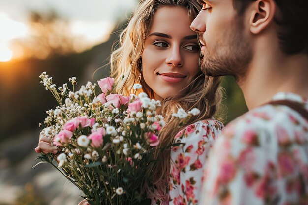 Joyful couple exchanging flowers