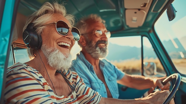 클래식 자동차를 타고 여행하는 동안 함께 휴가를 즐기는 즐거운 커플의 노인들