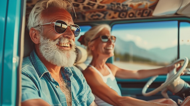 클래식 자동차를 타고 여행하는 동안 함께 휴가를 즐기는 즐거운 커플의 노인들
