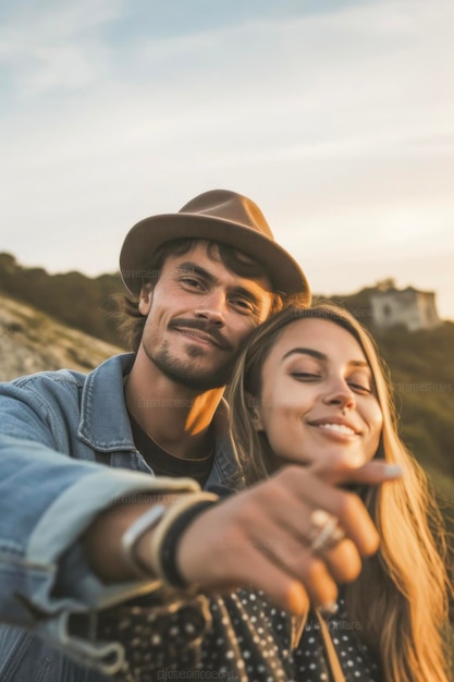 Photo joyful couple taking a selfie on a hiking adventure