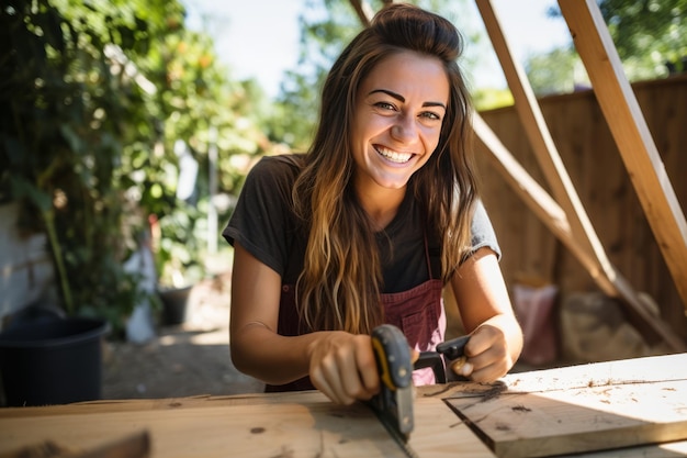 喜び の ある 職人 一 人 の 若い 女性 は,正確 に DIY の フェンス 建設 を 導い て い ます