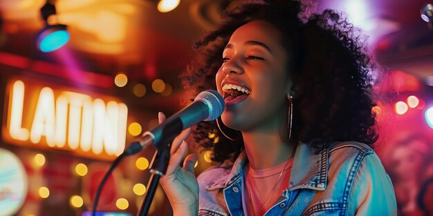 Foto gioiosa cantante dai capelli ricci con un microfono in un bar latino