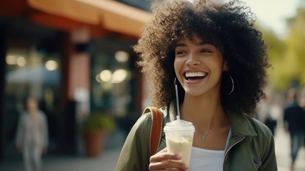 Joyful CurlyHaired Woman in Casual Attire Delighting in Fresh Detox Vegetable Smoothie Radiant Smi