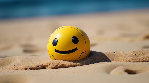 Joyful cute smiling yellow ball on beach sand Summer vibes