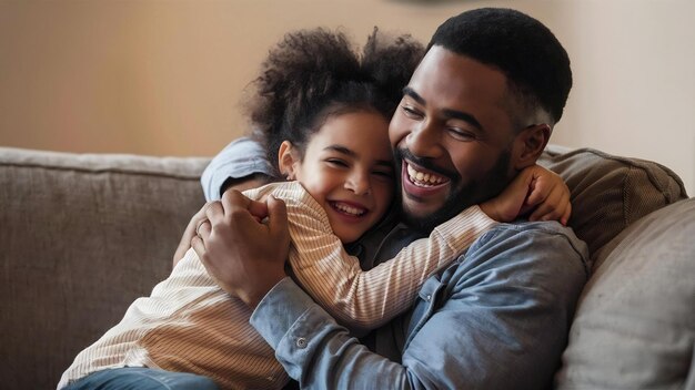 Joyful dad sitting with his little girl on couch hugging and cuddling her