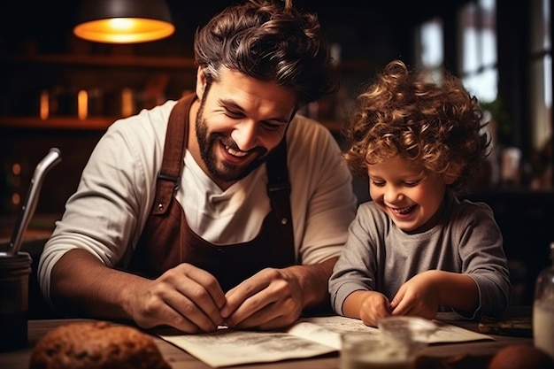 Foto un padre e un figlio gioiosi cucinano e ridono generativo ai