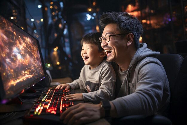 Joyful dad and son playing video games at home Generative AI