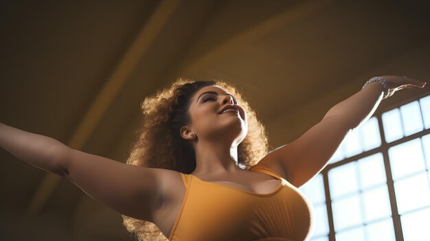 Joyful dance workout curvy woman embracing movement with enthusiasm