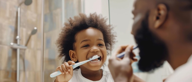 Foto un gioioso momento di igiene dentale quando un bambino rispecchia la routine di spazzolino da denti di un genitore