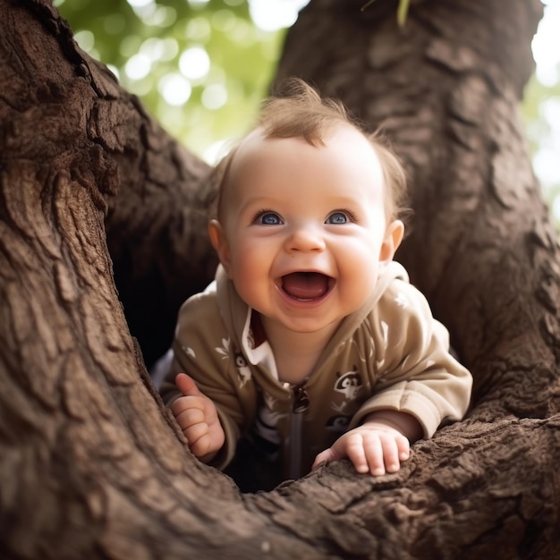 楽しい発見 自然を抱きしめる木の上でハイハイして微笑む赤ちゃん039 の喜び