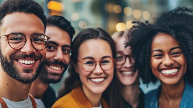 Joyful diverse group of friends taking a group selfie in an urban environment smiling brightly