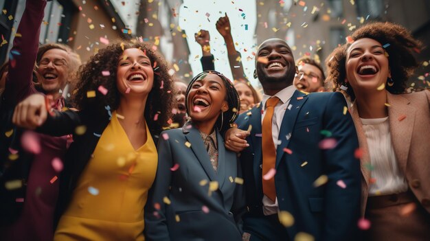 Foto un gioioso team diversificato di lavoratori che festeggia il successo di un'azienda mentre è circondato da confetti ai generativa