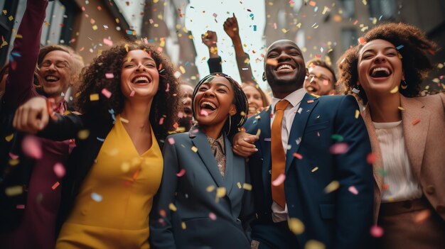 Photo a joyful diverse team of workers celebrating a business's success while surrounded by confetti generative ai