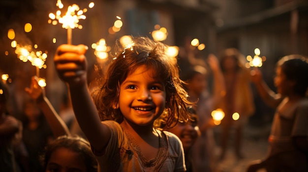 Радостные моменты Дивали Детские бенгальские огни и светящиеся игрушки освещают праздники