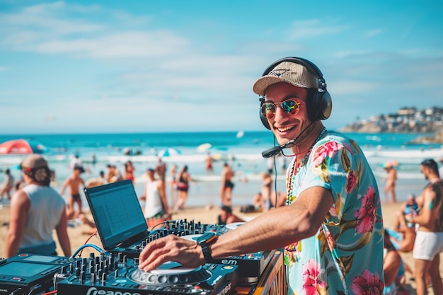 Foto un gioioso dj con le cuffie gira le tracce ad una vivace festa in spiaggia durante una giornata di sole