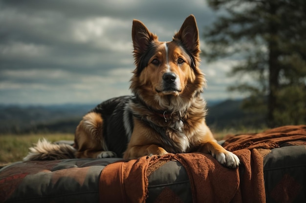 joyful dog in grass at fog Happy border collie in nature at sunrise in the forest