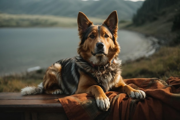 joyful dog in grass at fog Happy border collie in nature at sunrise in the forest