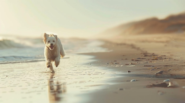 Photo joyful dog running on the beach a dog enjoys freedom running along the wet sand of a beach with water splashing around during a beautiful sunset