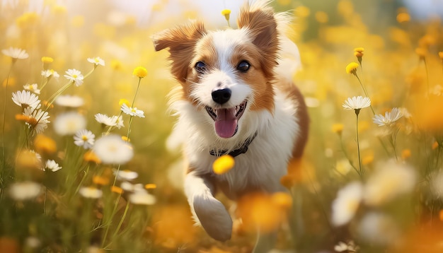 Joyful dog running in a field of yellow flowers spring concept