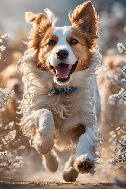 Foto un cane gioioso che corre con delizia