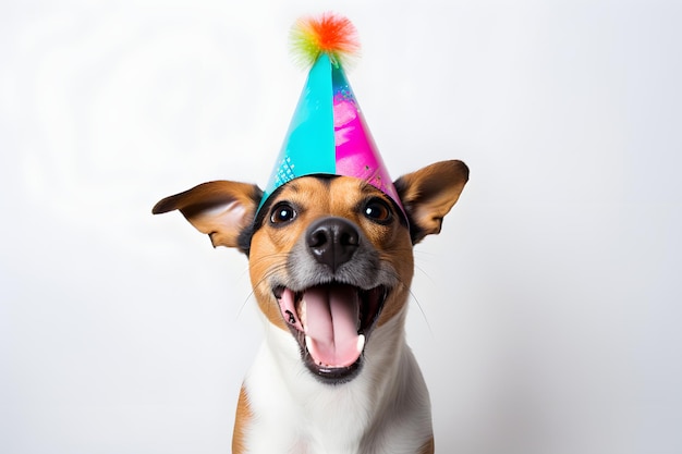 Premium AI Image | Joyful dog wearing a bright birthday hat tongue ...