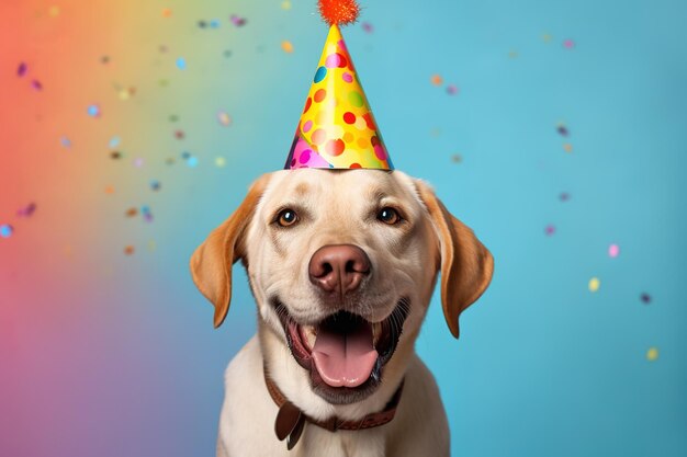 Joyful dog wearing a bright birthday hat