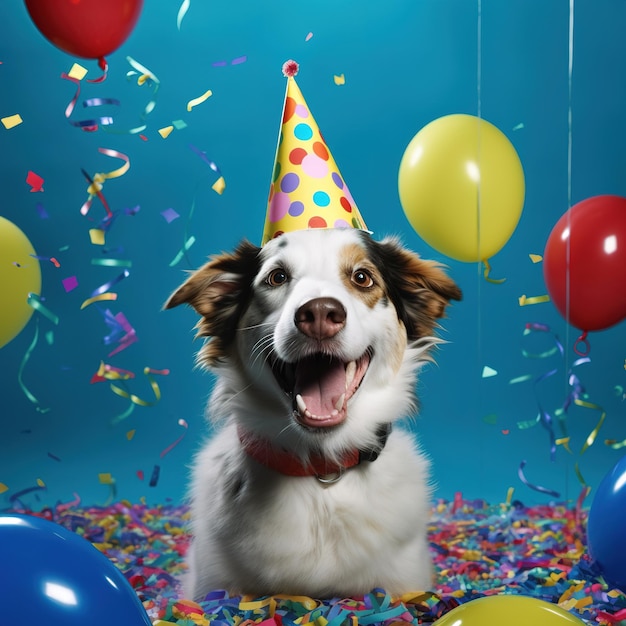 明るい誕生日帽子をかぶった喜びの犬