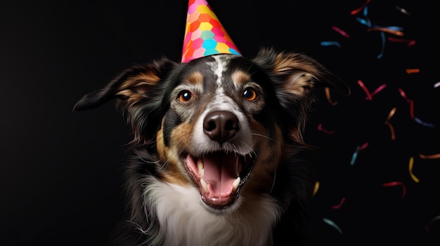 明るい誕生日帽子をかぶった喜びの犬