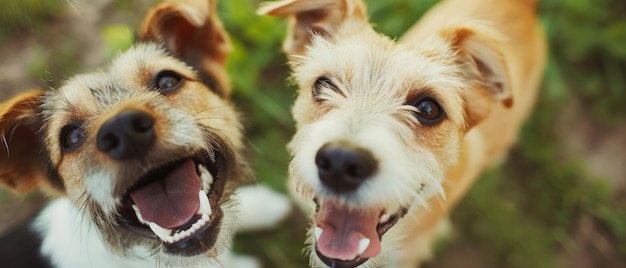 舌を出した喜びに満ちた犬たちが遊び心のある犬の友情の瞬間を捉えています