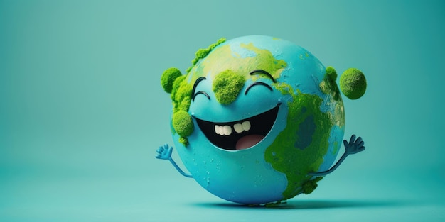 Joyful Earth character laughting on blue background Happy Earth day World laughter day Generative ai