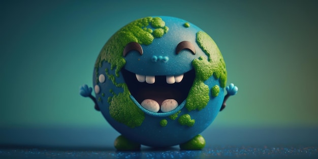 Photo joyful earth character laughting on blue background happy earth day world laughter day generative ai