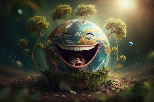 Joyful Earth karakter lachend op groene achtergrond Happy Earth day Werelddag van het lachen