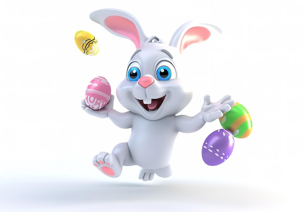 色とりどりの浮かぶ卵に囲まれた喜びに満ちたイースターウサギが奇妙な春の祝賀シーンを描いています