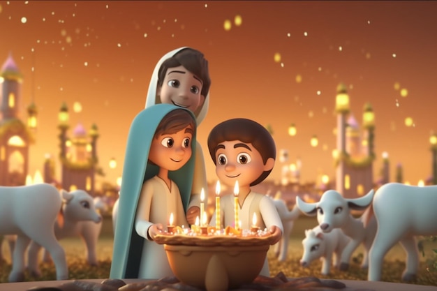 Joyful Eid Adha scene with kids and a stunning 3D background