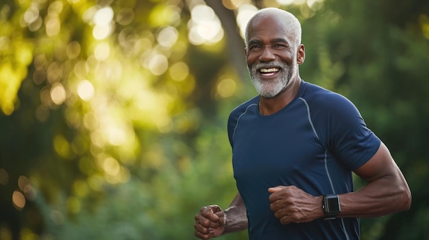 Photo joyful elderly african american man running outdoors with the sun shining through the greenery in the background