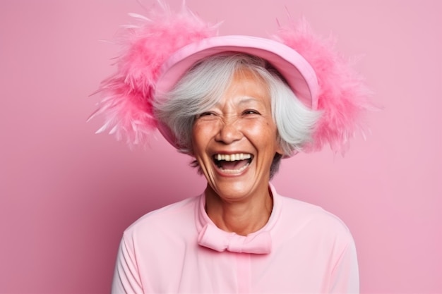 A joyful elderly Asian woman with a playful pink feather hat laughing against a pink background