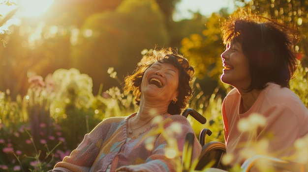 Joyful elderly and caregiver laughing together outdoors