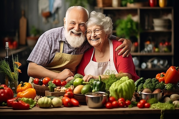 A Joyful Elderly Couple Embracing and Smiling while Preparing a Vibrant Vegetarian Delight