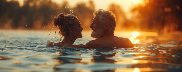 A Joyful Elderly Couple Enjoying Morning Swim Wallpaper